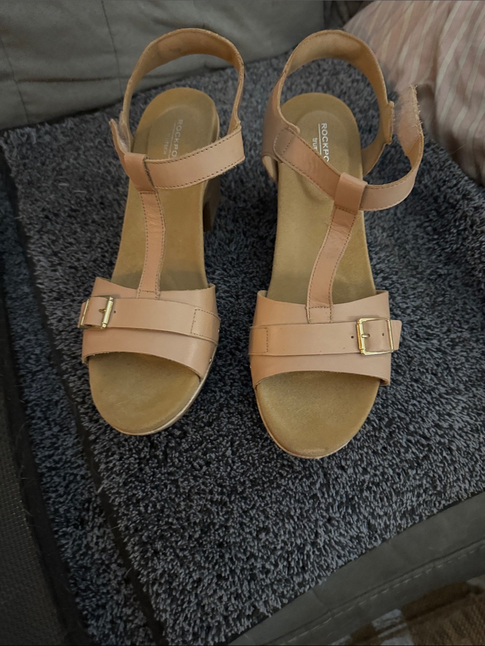 Rockport Women's Tan Leather T-Strap Sandals with Gold Buckles